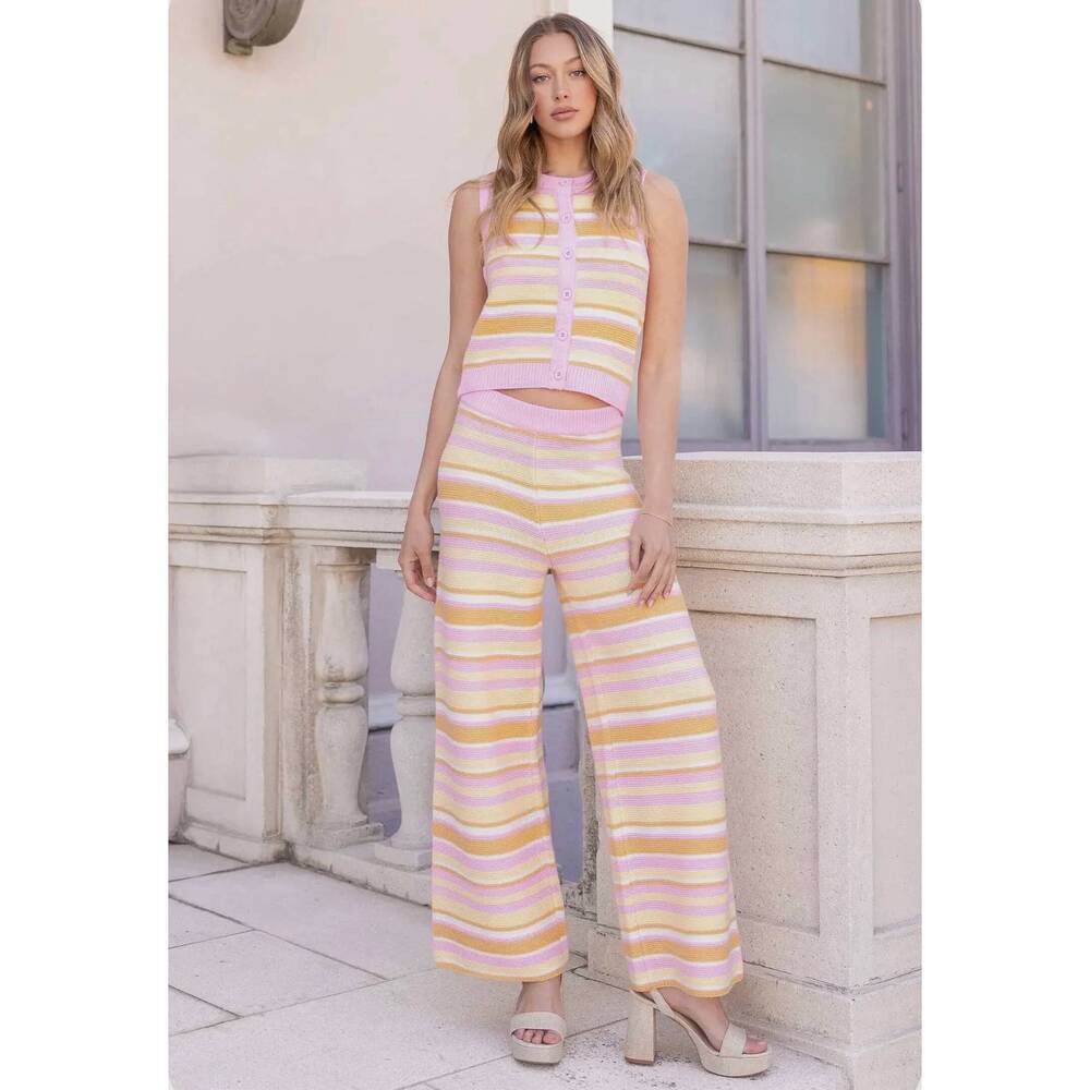 NEW STRUT & BOLT crochet stripe knit wide leg pants in yellow multi